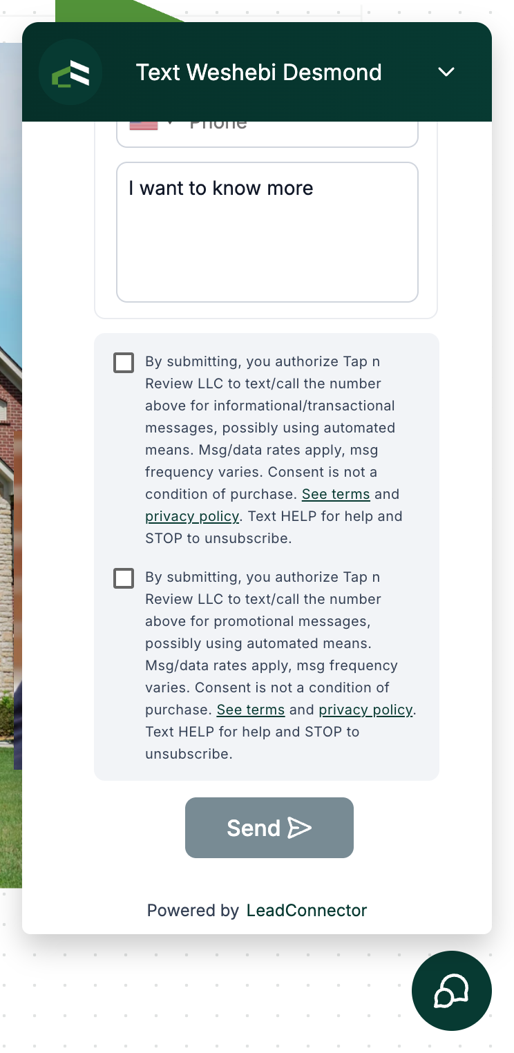 The two separate consent boxes, both unticked, each naming Tap n Review LLC with message frequency, rates, HELP and STOP